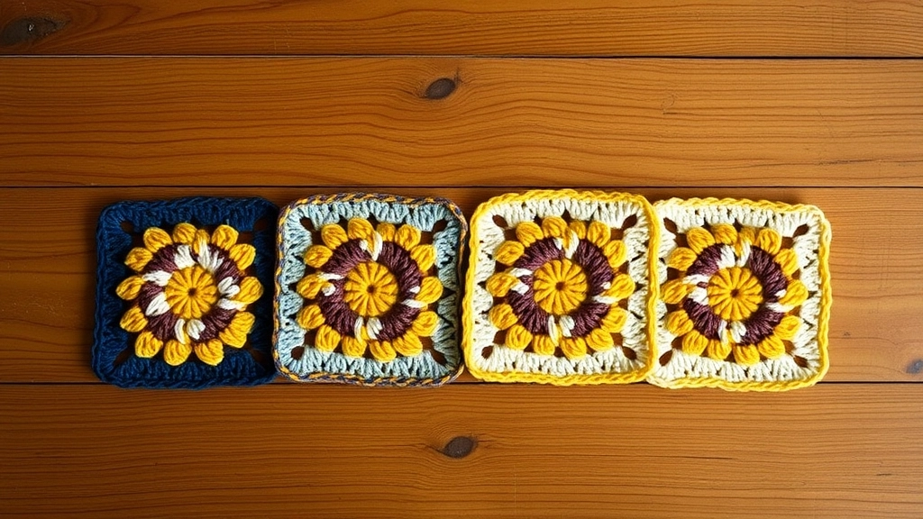 Four crocheted sunflower granny squares in graduating sizes laid out next to different sized crochet hooks.