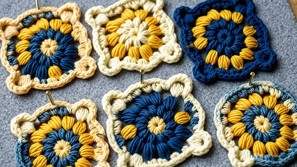 Crocheted sunflower granny squares pinned flat onto a gray foam blocking board.