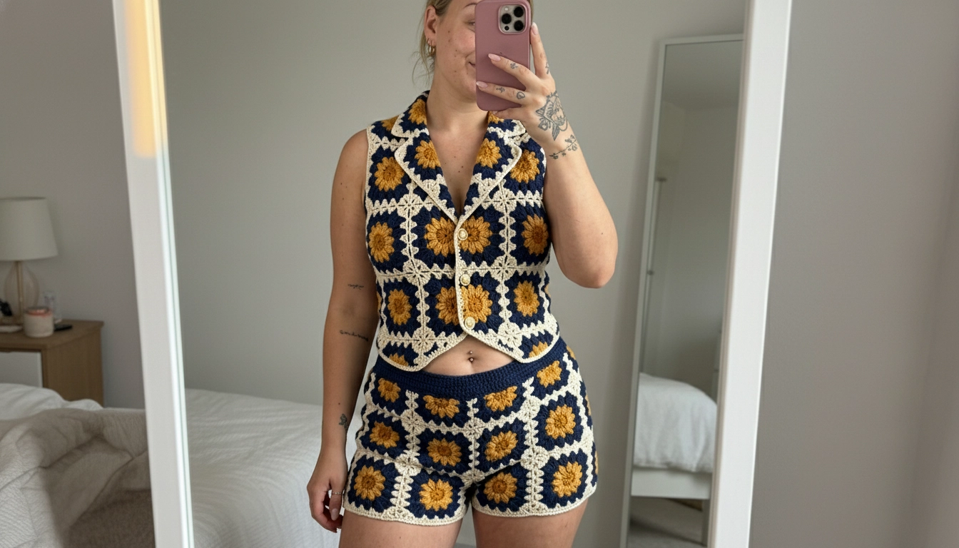 A person taking a mirror selfie wearing the completed navy and gold sunflower crochet vest and shorts set.