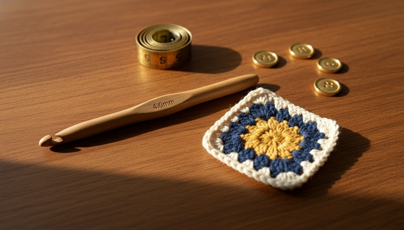 A wooden crochet hook, measuring tape, and gold buttons next to a half-finished sunflower granny square.