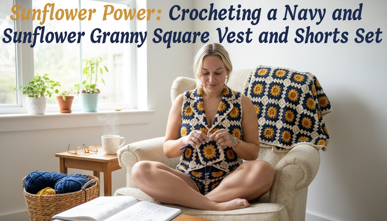 A homemade flat lay of the completed Sunflower Power: Crocheting a Navy and Gold Sunflower Granny Square Vest and Shorts Set on a rustic bed.