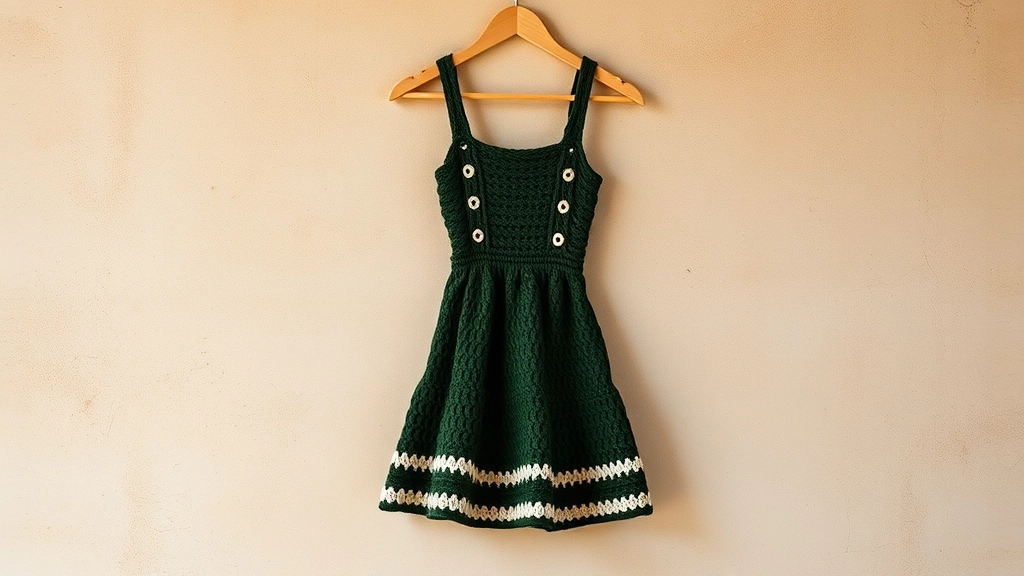 A full-length view of the completed dark green crochet halter mini dress with cream trim hanging on a wooden hanger.
