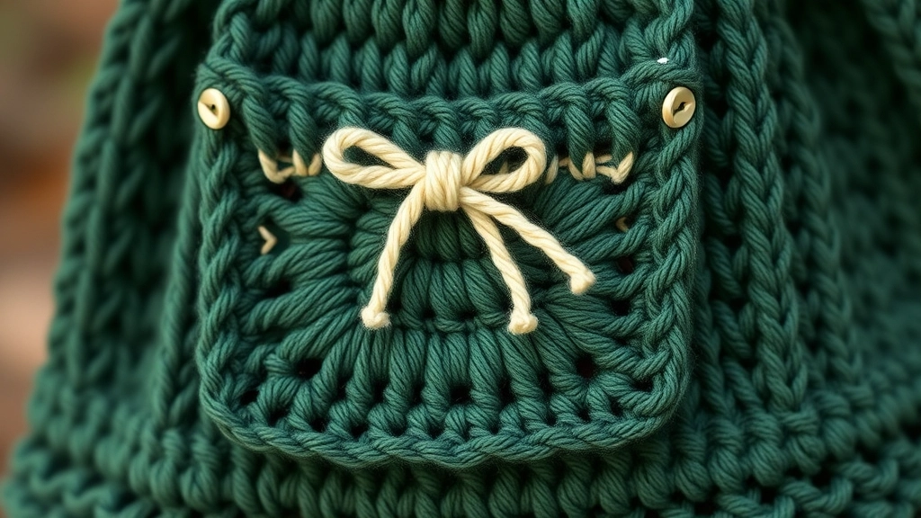 A close-up of a dark green crocheted patch pocket with a cream border and a small cream bow on the skirt.