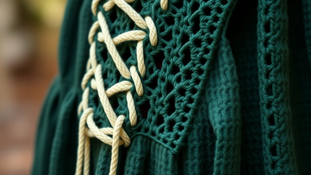 Close-up of the cream lace-up corset detail on the side of the dark green crocheted halter dress.