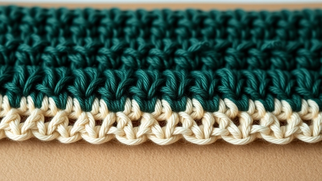 Macro shot of neat cream single crochet stitches bordering the dark green body of the dress.