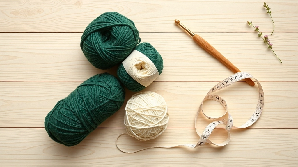 Dark green and cream organic cotton yarn skeins next to a wooden-handled crochet hook and measuring tape.