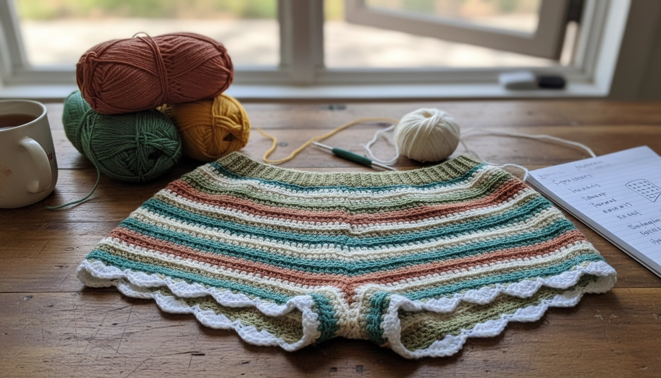A flat lay of the completed Earthy Stripes: Crocheting Multi-Tone Earth Stripe Booty Shorts with Scalloped Legs resting on rumpled linen sheets.
