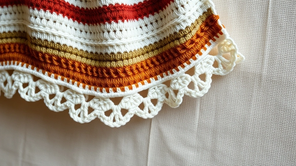 A close-up of a white scalloped shell stitch border on the edge of striped crochet fabric.