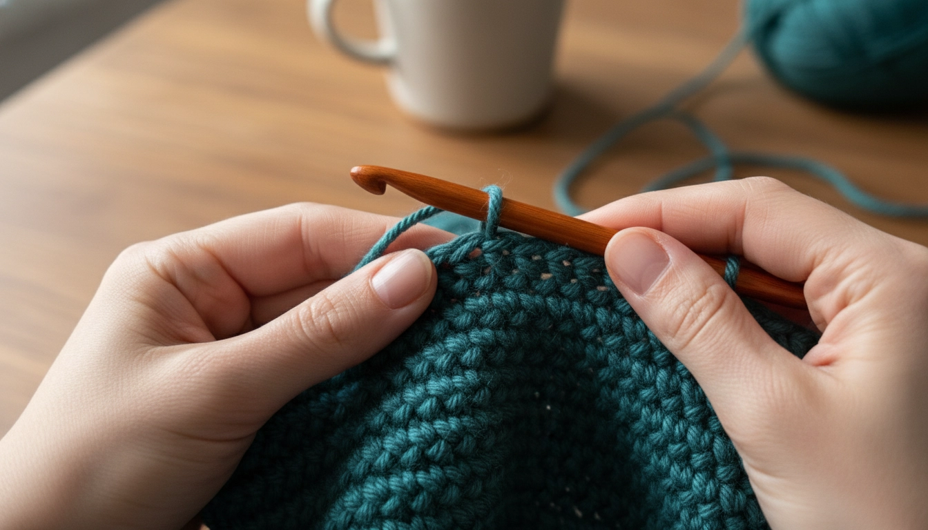 A close-up of a crafter's hands using a wooden crochet hook to work on a teal organic cotton waistband.