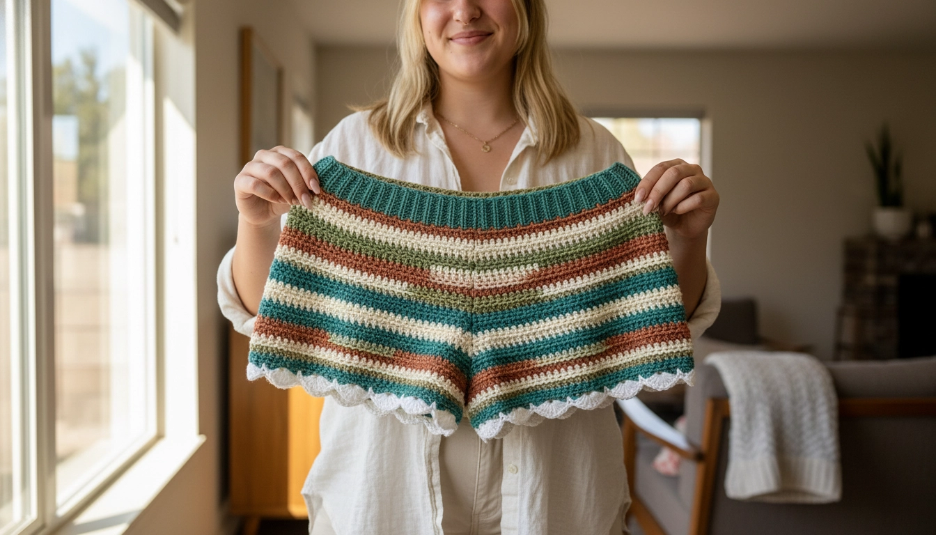 A person holding up a finished pair of striped earth-tone crochet booty shorts with both hands.