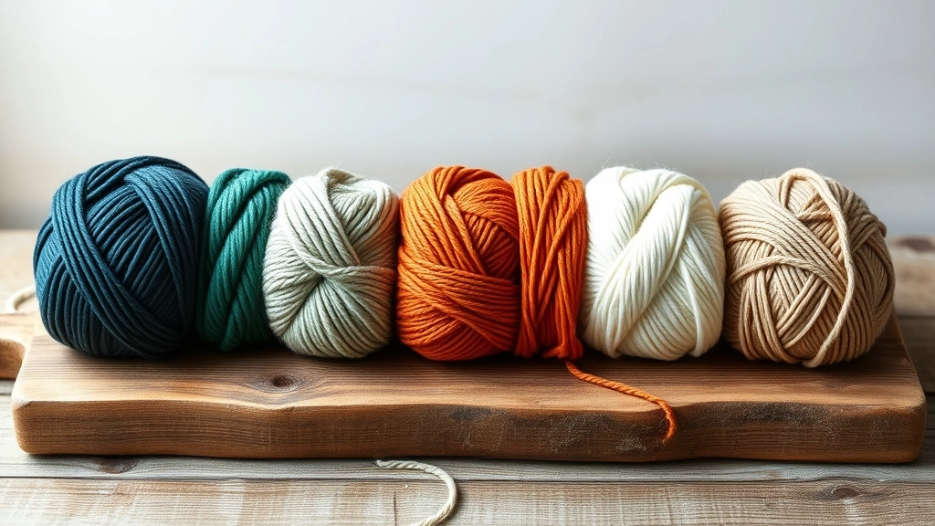 Five cakes of organic cotton yarn in teal, sage, rust, cream, and khaki arranged side-by-side.