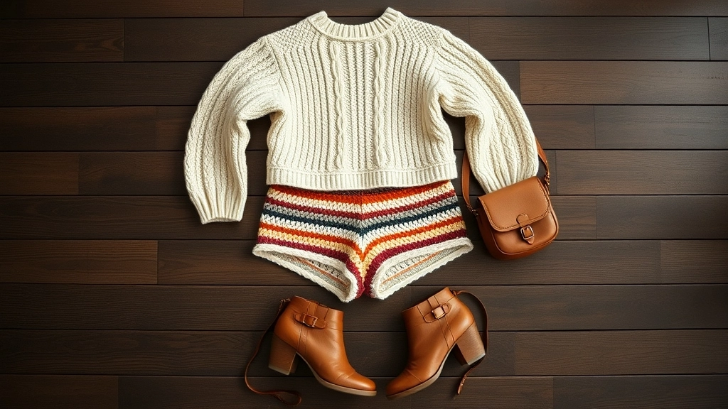 An autumn outfit flat lay featuring striped crochet shorts, an oversized cream knit sweater, and brown leather ankle boots.