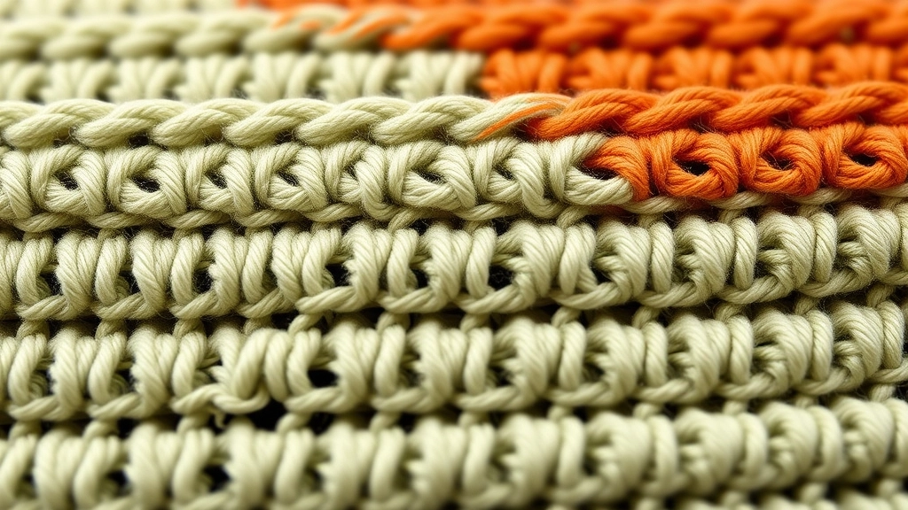 A macro shot of crochet fabric showing alternating dense and open stitch patterns in earth tones.