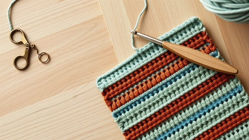 A work-in-progress crochet project with a 4.0 mm hook resting on striped earth-tone fabric.