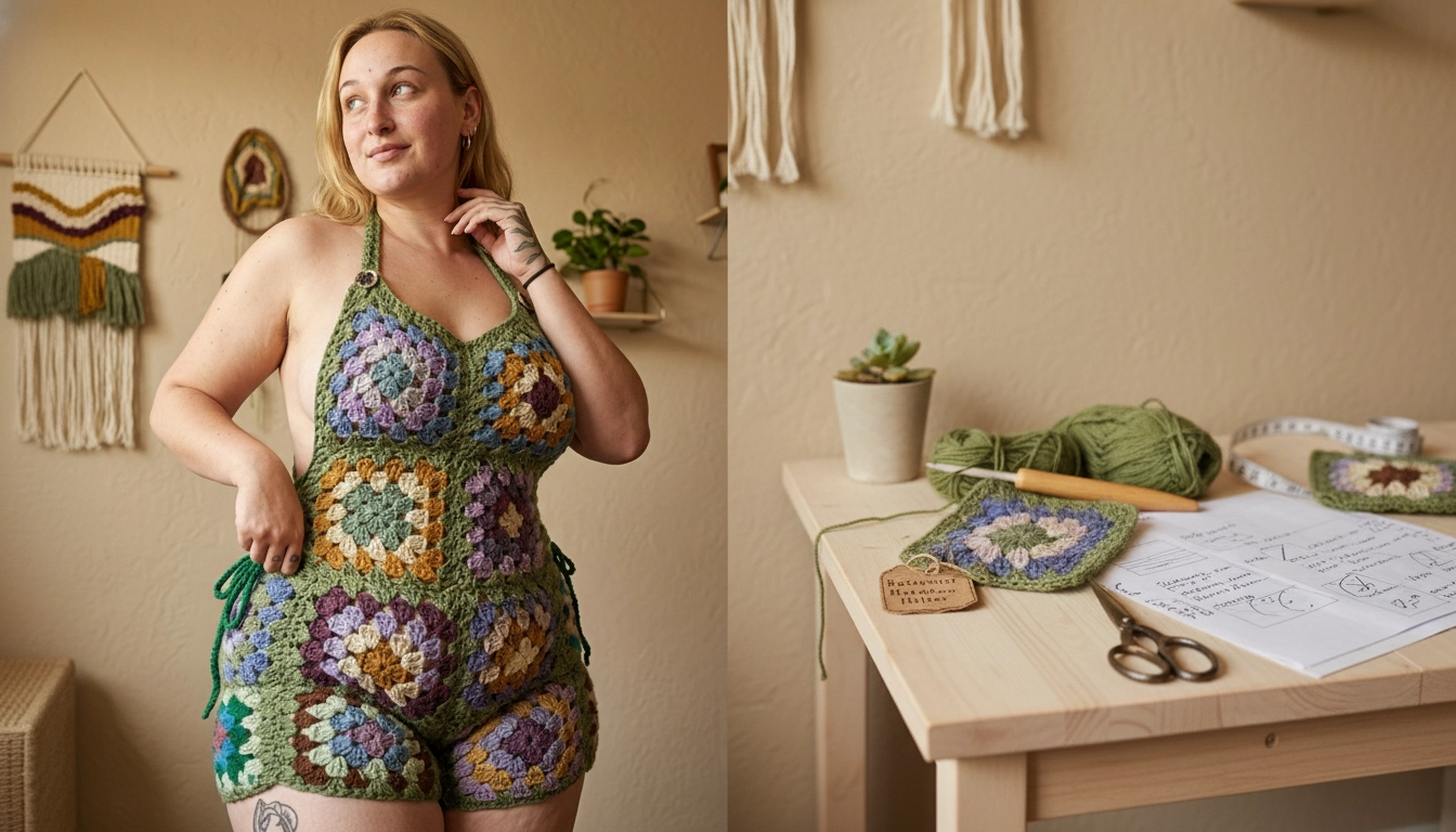 A homemade, flat-lay photo of the finished Botanical Halter: Crocheting an Olive Granny Square Halter Romper with Wooden Button resting on a rustic wooden table.