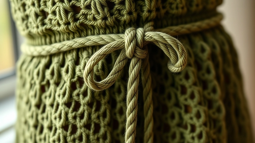 Close-up of adjustable green rope ties woven through the waist of a crocheted olive romper.