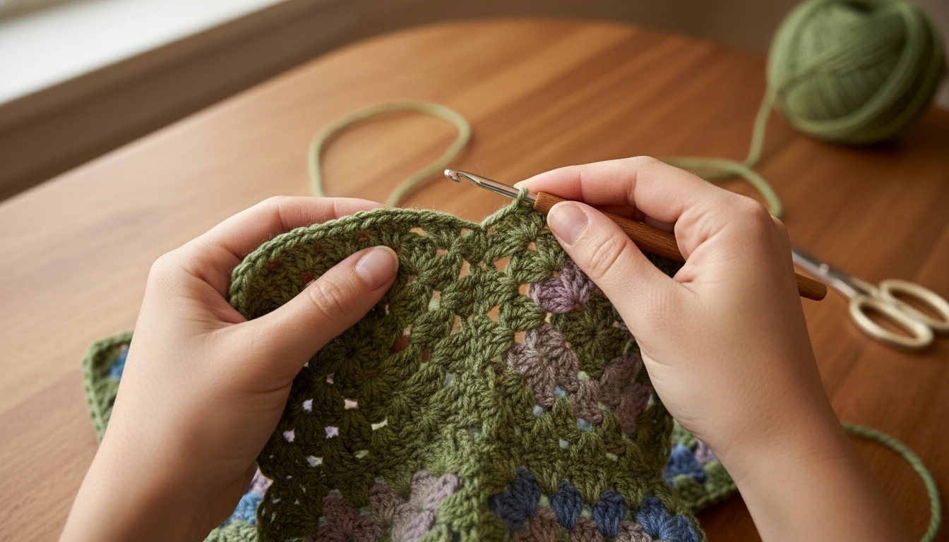 Close-up of hands assembling a modular crochet halter romper, emphasizing its sculptural 3D shape.