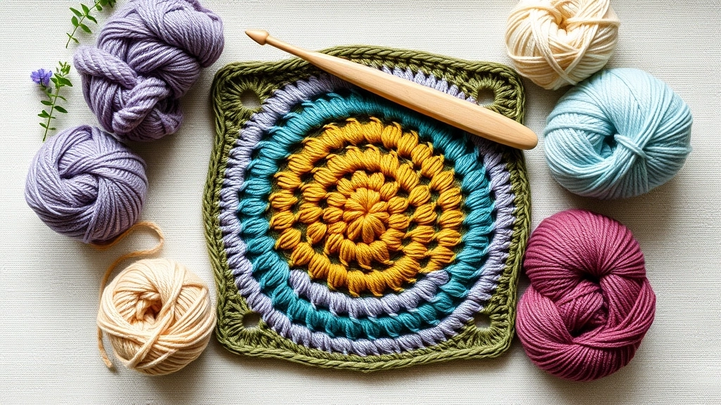 A detailed view of a completed granny square showing the color progression of cream, lavender, teal, mustard, and olive.