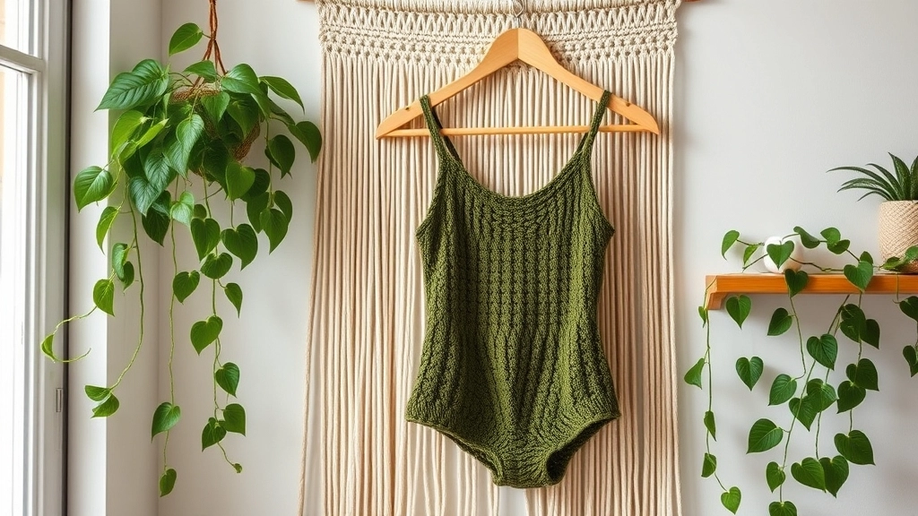 A crocheted olive halter romper hanging in a boho-style room with a macrame backdrop and green houseplants.