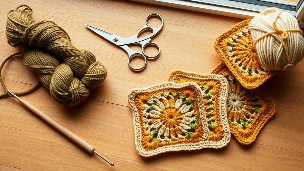 An organized workspace showing a 3.5mm crochet hook, scissors, olive and mustard yarn, and finished crochet squares.