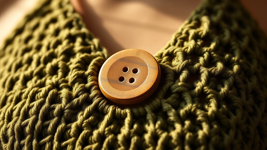 Close-up of a chunky wooden button securing the strap of an olive green crocheted halter romper.