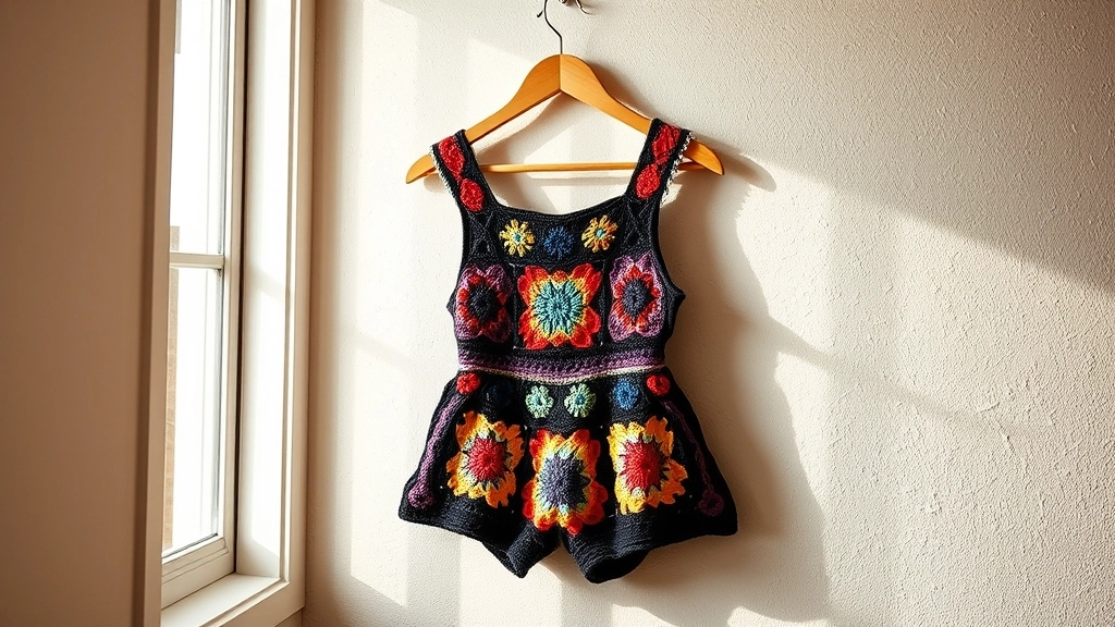 The finished multicolor granny square romper hanging on a simple wooden hanger against a warm neutral wall.