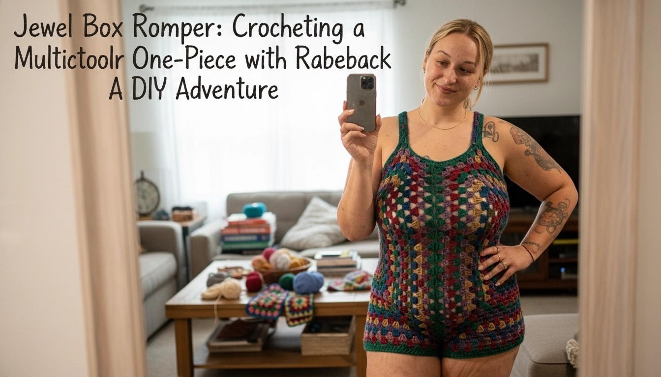 A handmade colorful crochet piece displaying the Jewel Box Romper: Crocheting a Multicolor Granny Square One-Piece with Racerback pattern laid out on a bed.