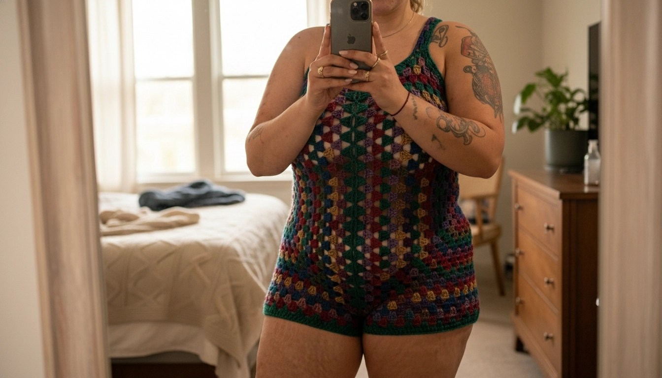 A mirror selfie of a person wearing the colorful handmade crochet romper to check the fit and length.