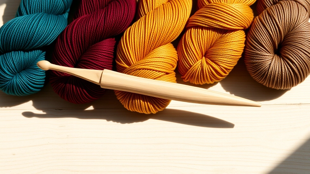 A collection of premium organic cotton yarn skeins in rich jewel tones arranged next to a crochet hook.