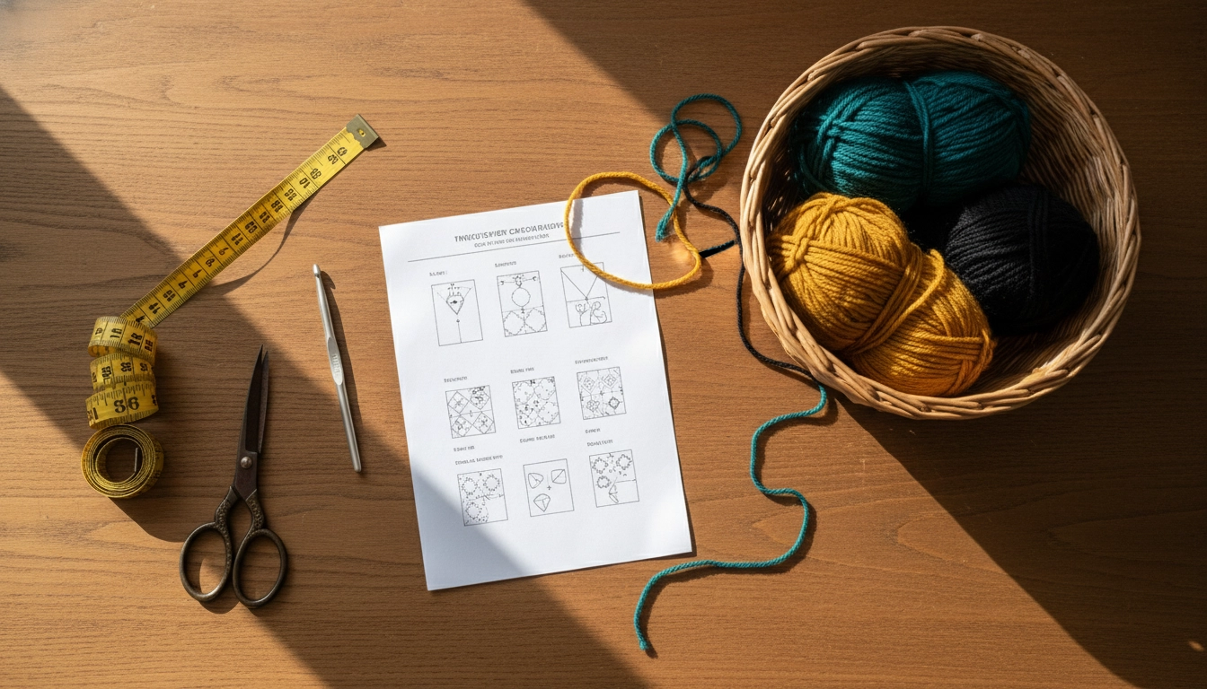 A tidy crafting table with a printed pattern, a 3.5mm crochet hook, scissors, and colorful yarn.