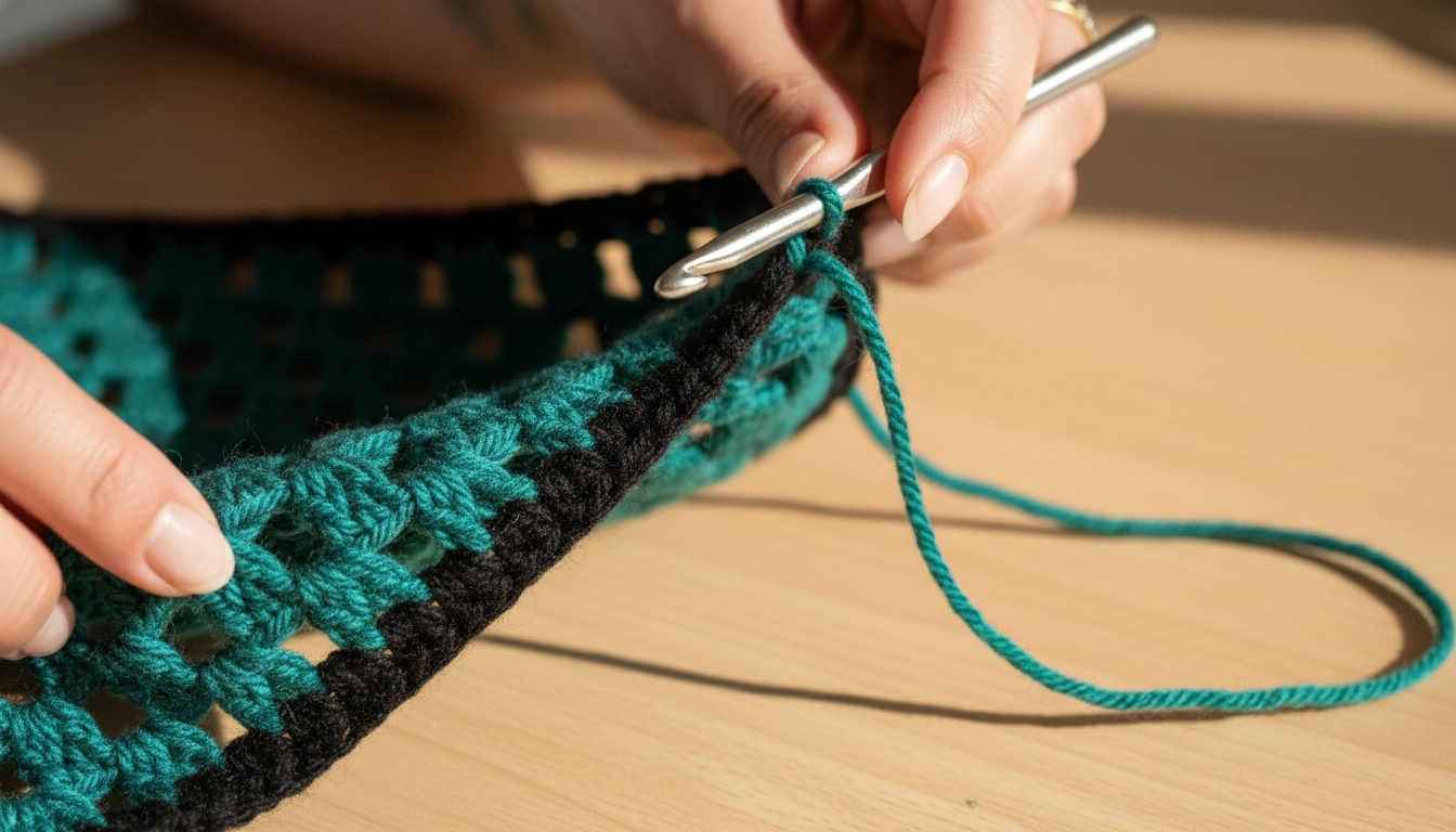 A close-up of a crocheter's hands working on a colorful granny square cluster using the join-as-you-go method.