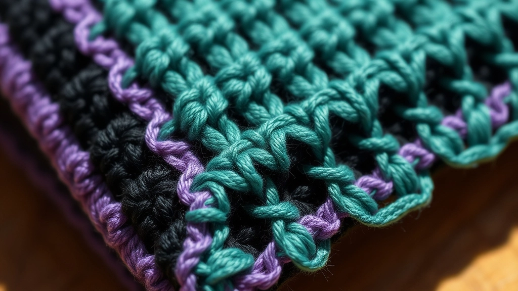 A macro shot of a tight, forest green crochet border stitch applied to the raw edge of a colorful romper.