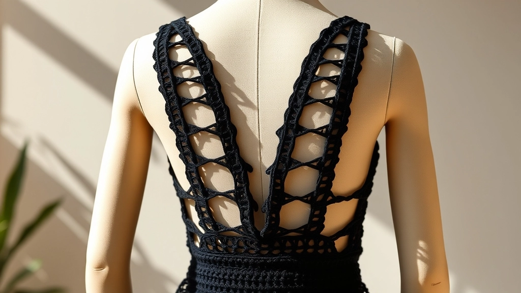 The back view of a crocheted romper showing the tapered racerback straps and clean diagonal edge lines.