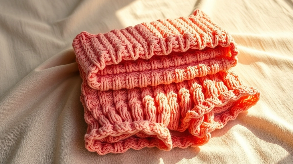 The rose and peach bubble-stitch crochet co-ord set neatly folded on a linen surface.