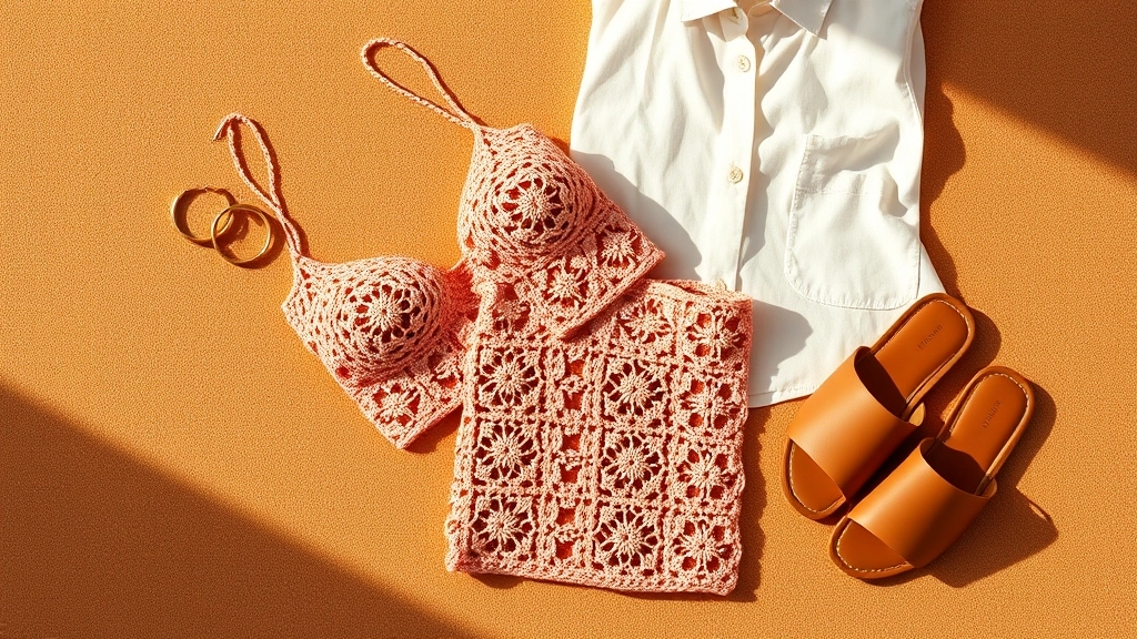 A styled flat lay of the crochet co-ord set with leather sandals and gold hoop earrings.