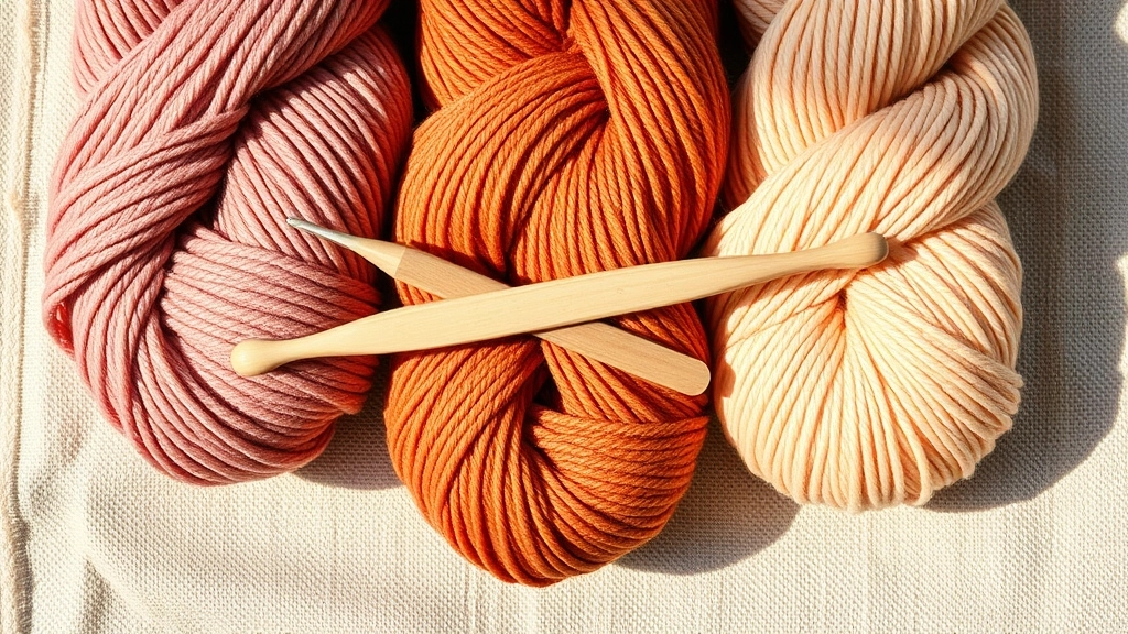 Three skeins of organic cotton yarn in rose, terracotta, and peach arranged side-by-side.