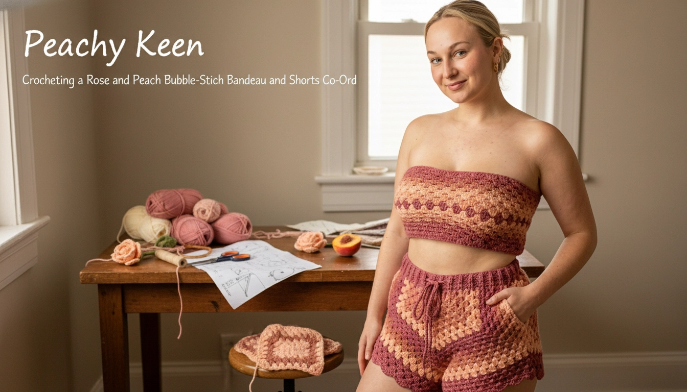 A flat lay of the handmade crochet set from Peachy Keen: Crocheting a Rose and Peach Bubble-Stitch Bandeau and Shorts Co-Ord, showcasing the textured bubble stitches and sunset gradient.