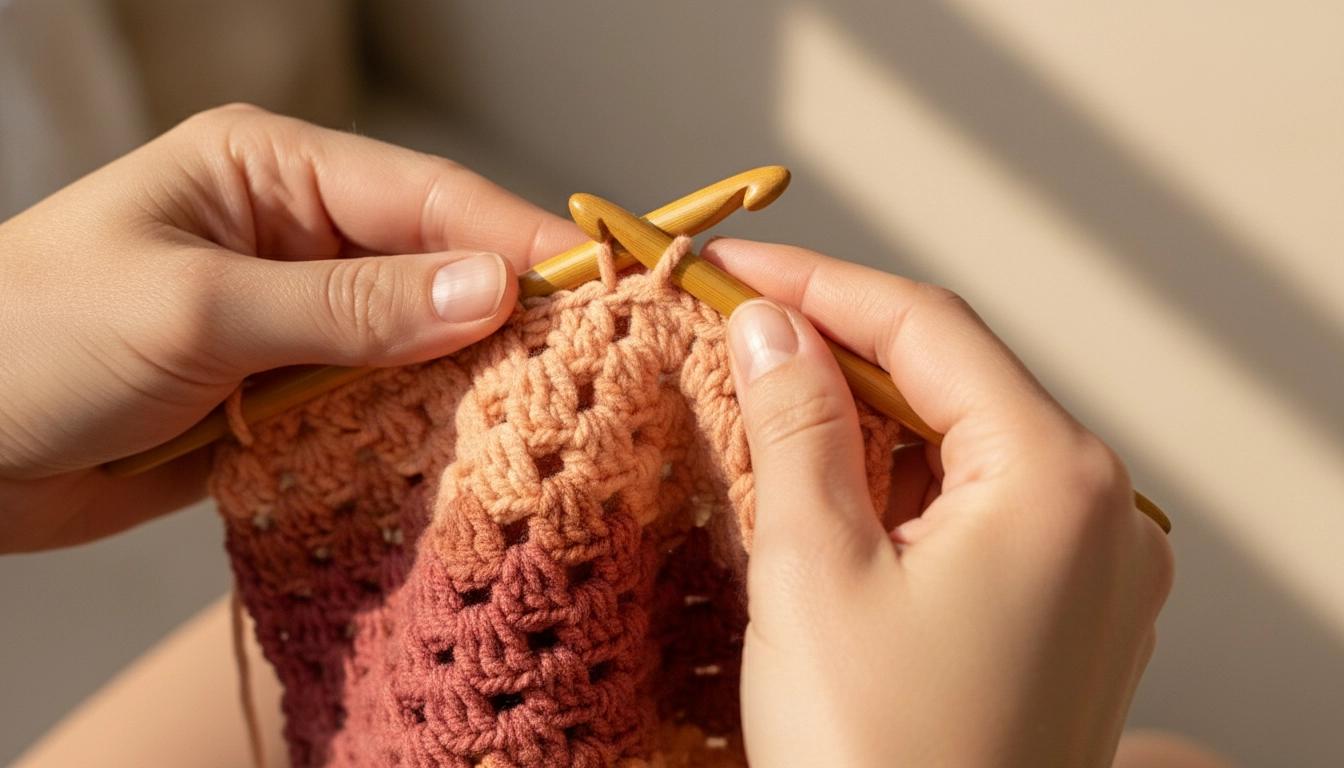 Hands crocheting a bubble-stitch pattern with a smooth color transition from terracotta to peach yarn.