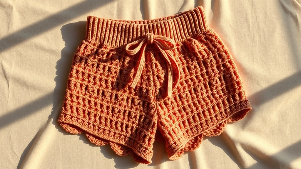 Completed high-waisted crochet shorts with a ribbed waistband, drawstring, and scalloped hem.