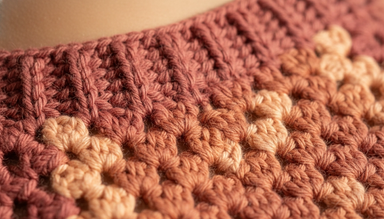 Close-up of tight crochet ribbing transitioning into puffy bubble stitches in rose-colored yarn.