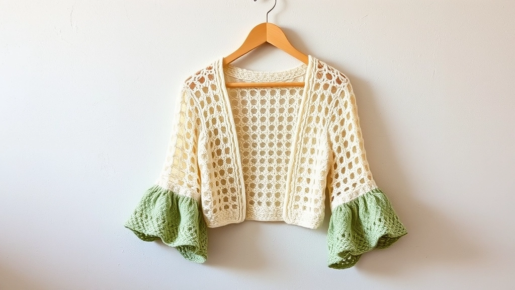 A sage green and cream crochet open-mesh shrug with flared bell sleeves draped over a wooden hanger.