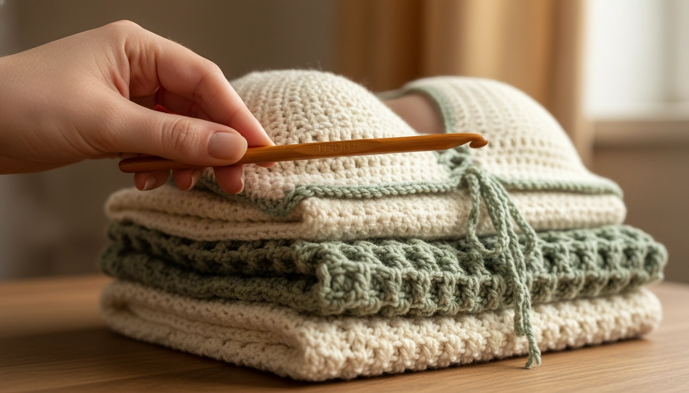 A hand holding a wooden crochet hook over the neatly folded cream and green crochet set, celebrating slow fashion.