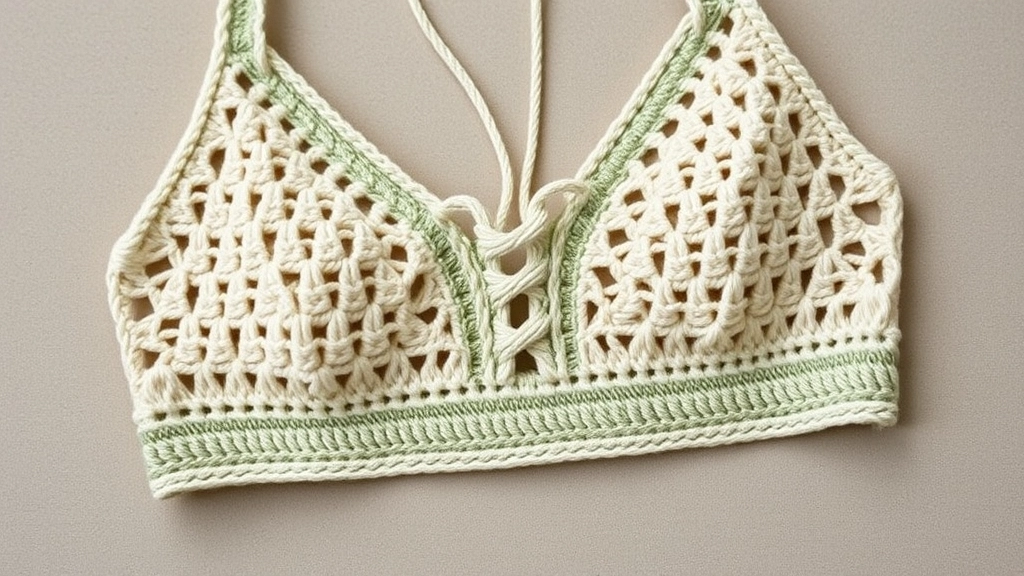 A detailed view of a cream crochet bralette with a sage green lace-up front cord and horizontal bottom band.