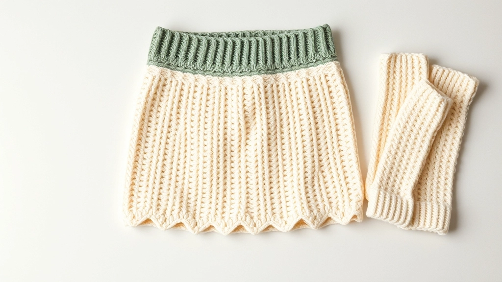 A cream crochet mini skirt with a sage green ribbed waistband alongside matching ribbed cream leg warmers.
