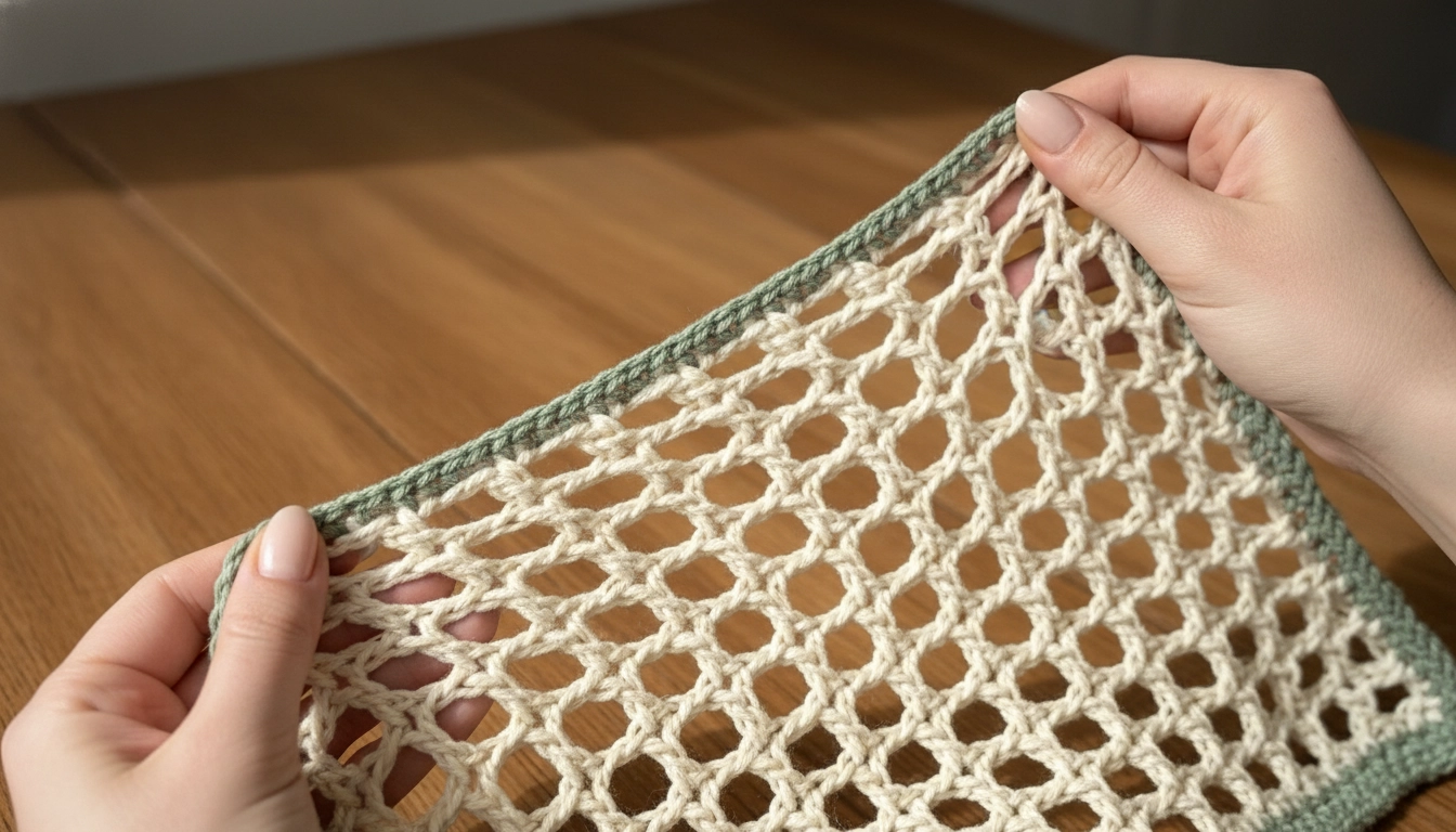 A close-up view of hands stretching a cream crochet lattice grid, showcasing the diagonal stretch of the mesh stitch architecture.