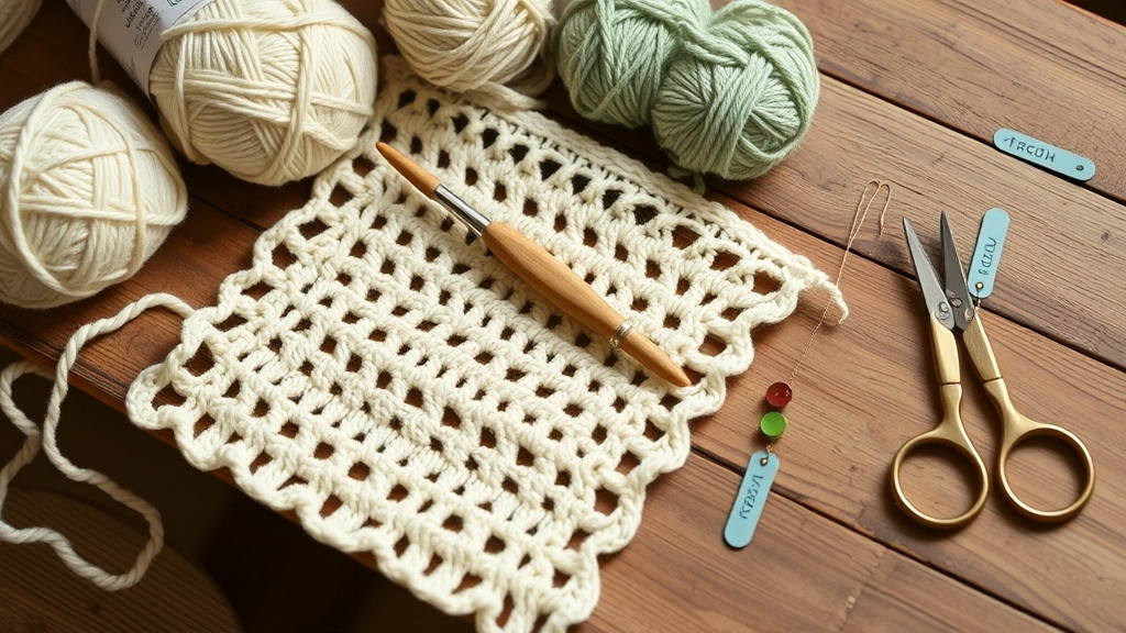Skeins of organic cream and sage green cotton yarn next to crochet hooks and a work-in-progress mesh piece.