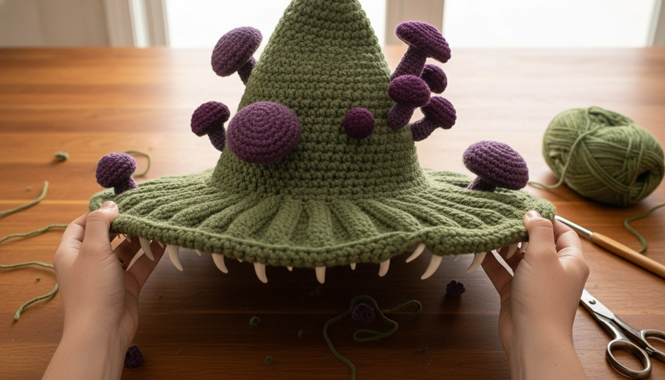 A creator holding up the finished dark green monster wide-brim hat with both hands over a wooden craft table.