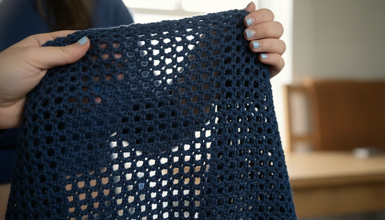 A close-up of a navy blue crochet mesh foundation stitch pattern, showing the open grid structure.