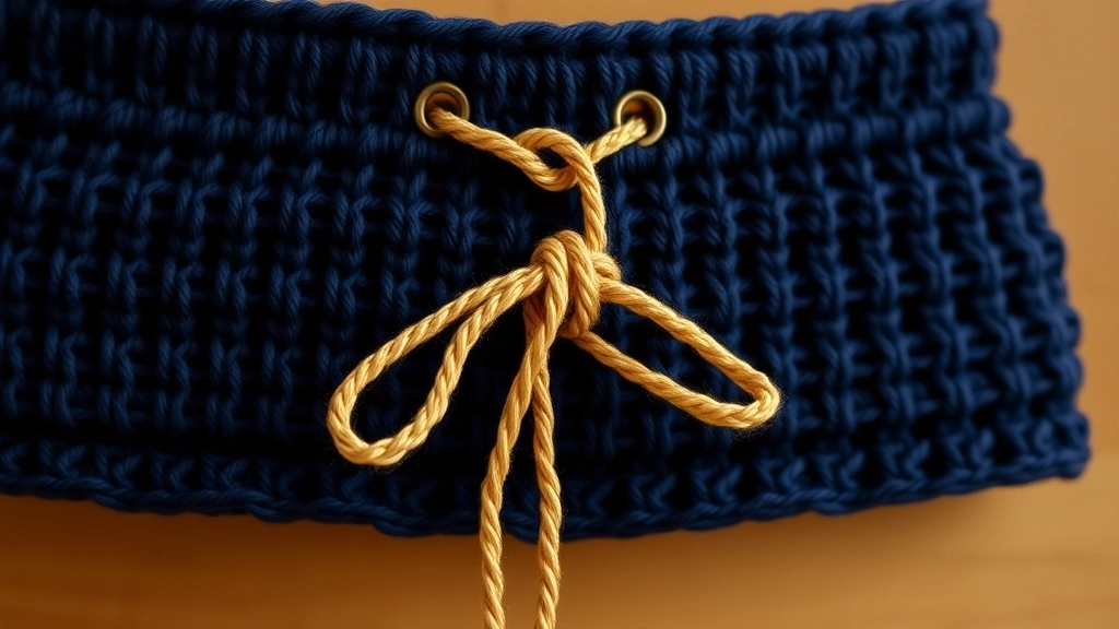 A close-up of a ribbed navy crochet waistband with a braided gold yarn drawstring threaded through eyelets.