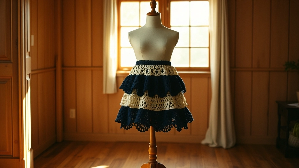 A playful navy and cream tiered crochet ruffle mini skirt displayed on a simple wooden dress form.